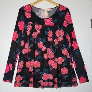 MATILDA JANE Winter Blooms Layered Floral Rose Print Black Tunic Top sz S